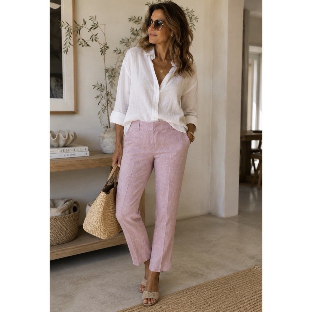 7th Avenue NY & Co Pink Linen Pants Women Sz 10 Ankle Flat Front Straight Leg